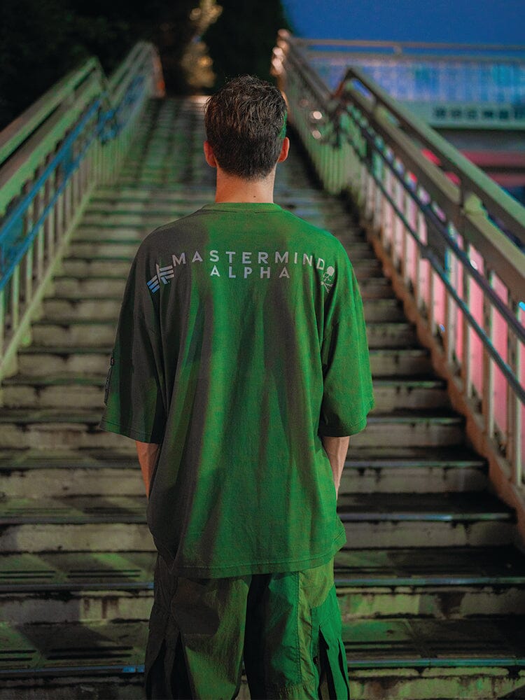Alpha X Mastermind Tee, Alpha Industries, black cotton, bold Mastermind Alpha print on back.