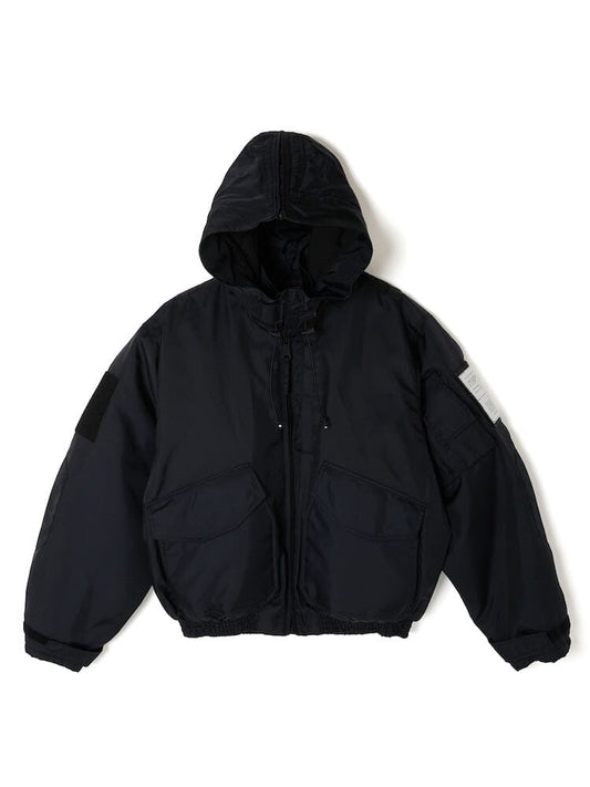 The Alpha X N. Hoolywood CWU-45P with Detachable Hood from Alpha Industries, in classic black, features a front zipper, two large pockets, and elastic cuffs reminiscent of a traditional military blouson.
