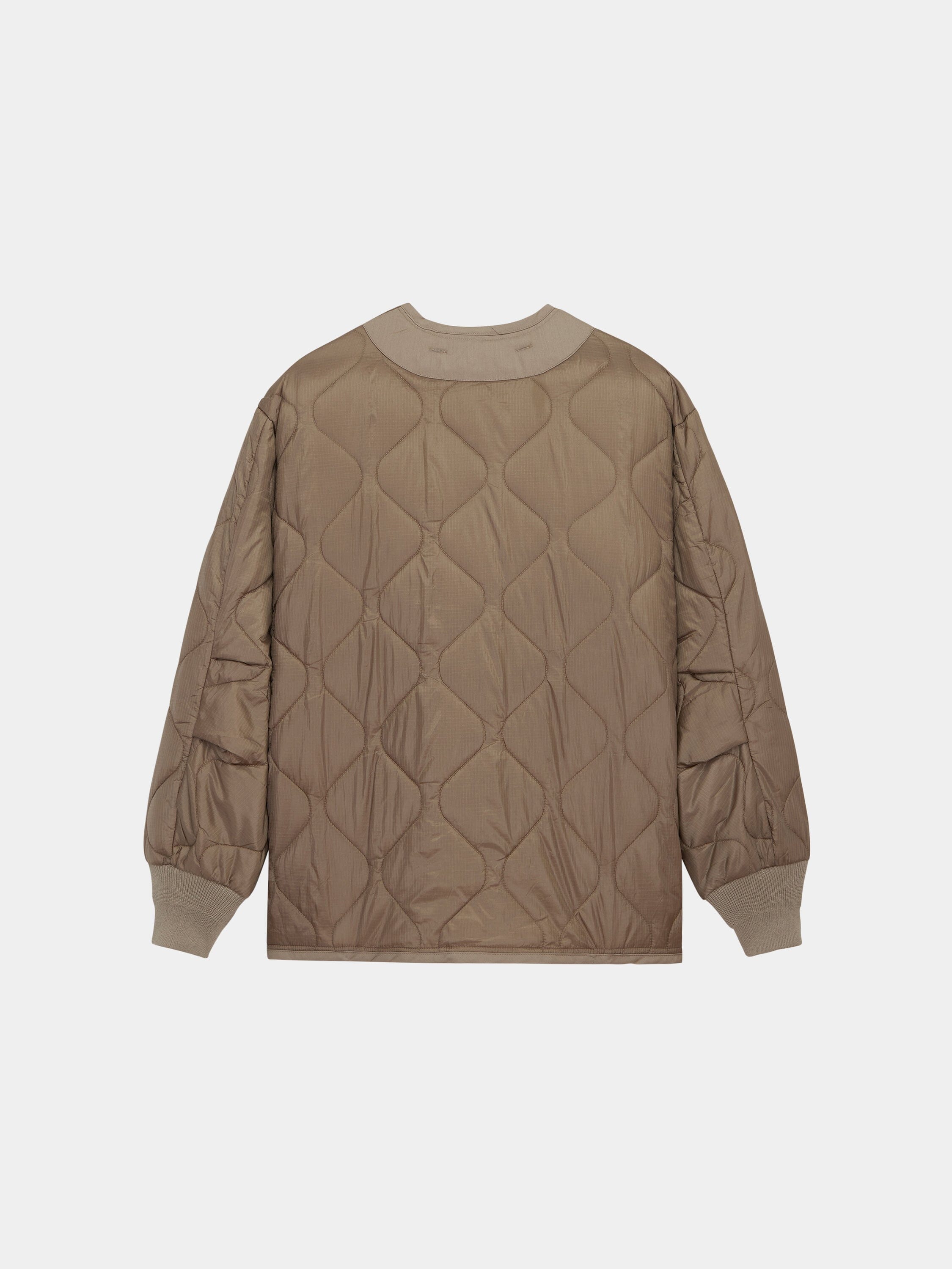 Als/92 Liner by Alpha Industries, brown quilted long-sleeve M-65 field jacket liner with ribbed cuffs and collar.