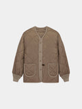 Alpha Industries Als/92 Liner in Vintage Khaki, quilted jacket with V-neck, button front, ribbed cuffs, and two front patch pockets.