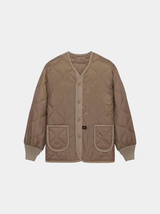 Alpha Industries Als/92 Liner in Vintage Khaki, quilted jacket with V-neck, button front, ribbed cuffs, and two front patch pockets.