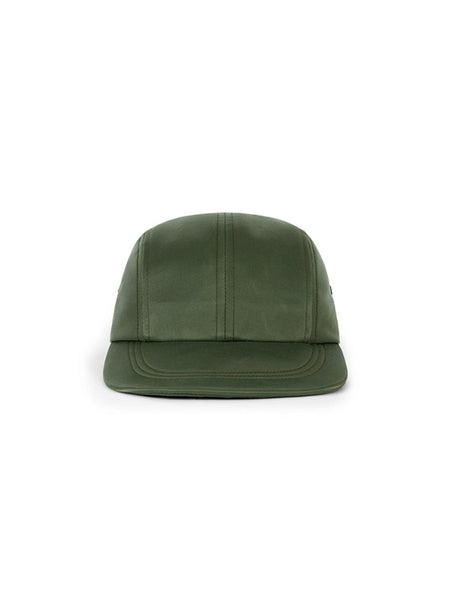 Alpha Industries Anon X Alpha Nylon Satin Kyoto Cap in Sage, five-panel cap with flat brim and adjustable metal clasp closure.