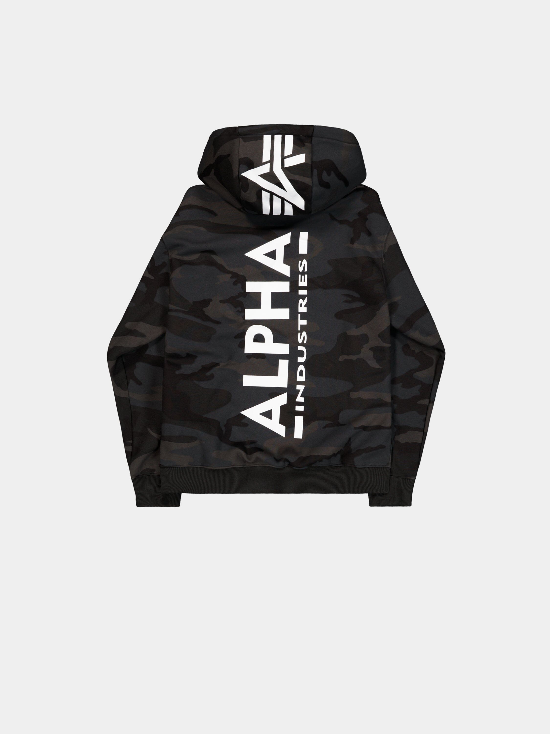 BACKPRINT CAMO HOODIE SWEATS Alpha Industries BLACK WOODLAND CAMO XS 
