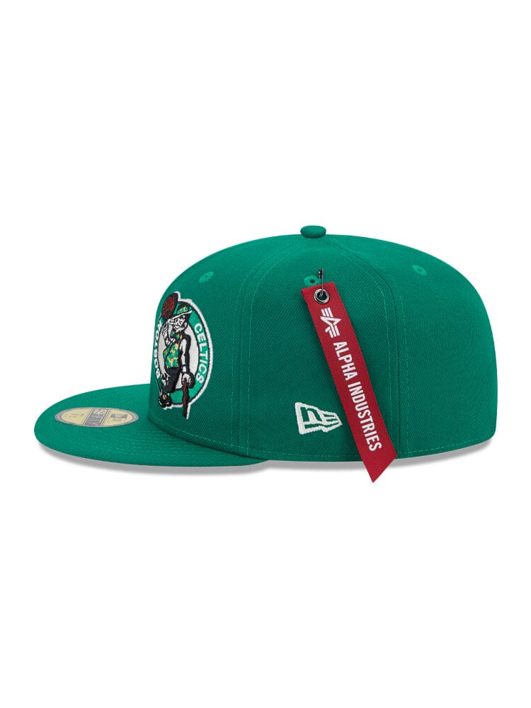 Boston Celtics x Alpha x New Era 59FIFTY Fitted Cap with an Embroidered Team Logo, Accented by a Red Alpha Industries Tag.