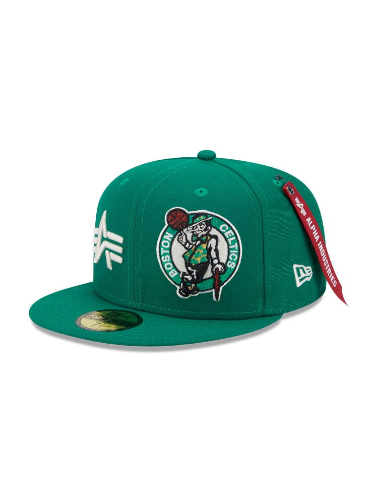 Green Boston Celtics 59FIFTY Fitted Cap by Alpha Industries and NE-NBA, Showcasing an Embroidered Team Logo on the Front with a Red Tag, Crafted in Classic Team Colors.