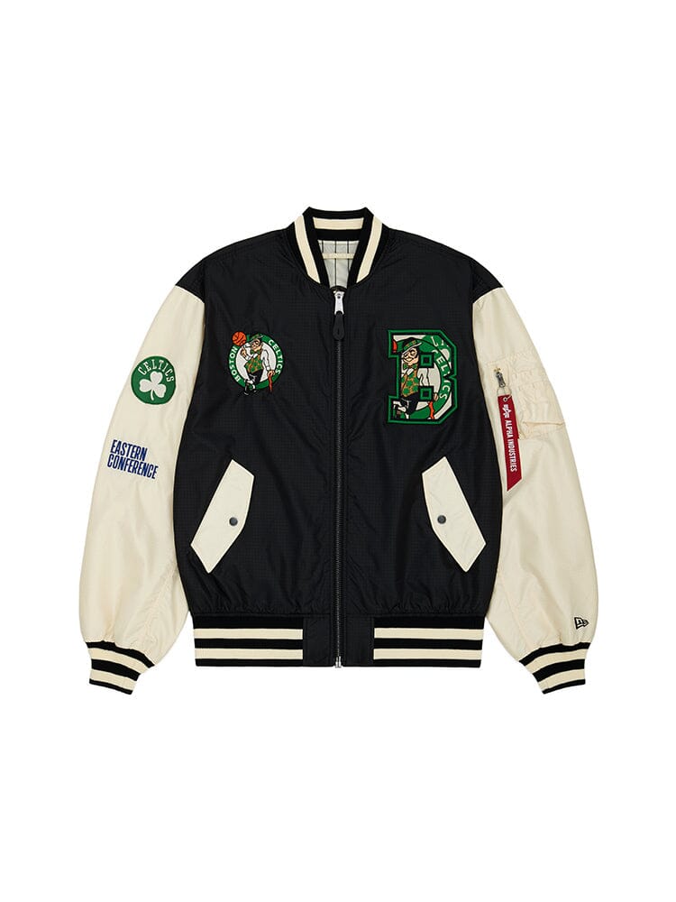 Introducing the Boston Celtics X Alpha x New Era L-2B Bomber Jacket by Alpha Industries. This black varsity jacket features Celtics logos, an Eastern Conference patch, and a red zip on the sleeve. With its pinstripe interior for added flair, this NBA bomber jacket proudly displays team patches that emphasize your dedication to the game.