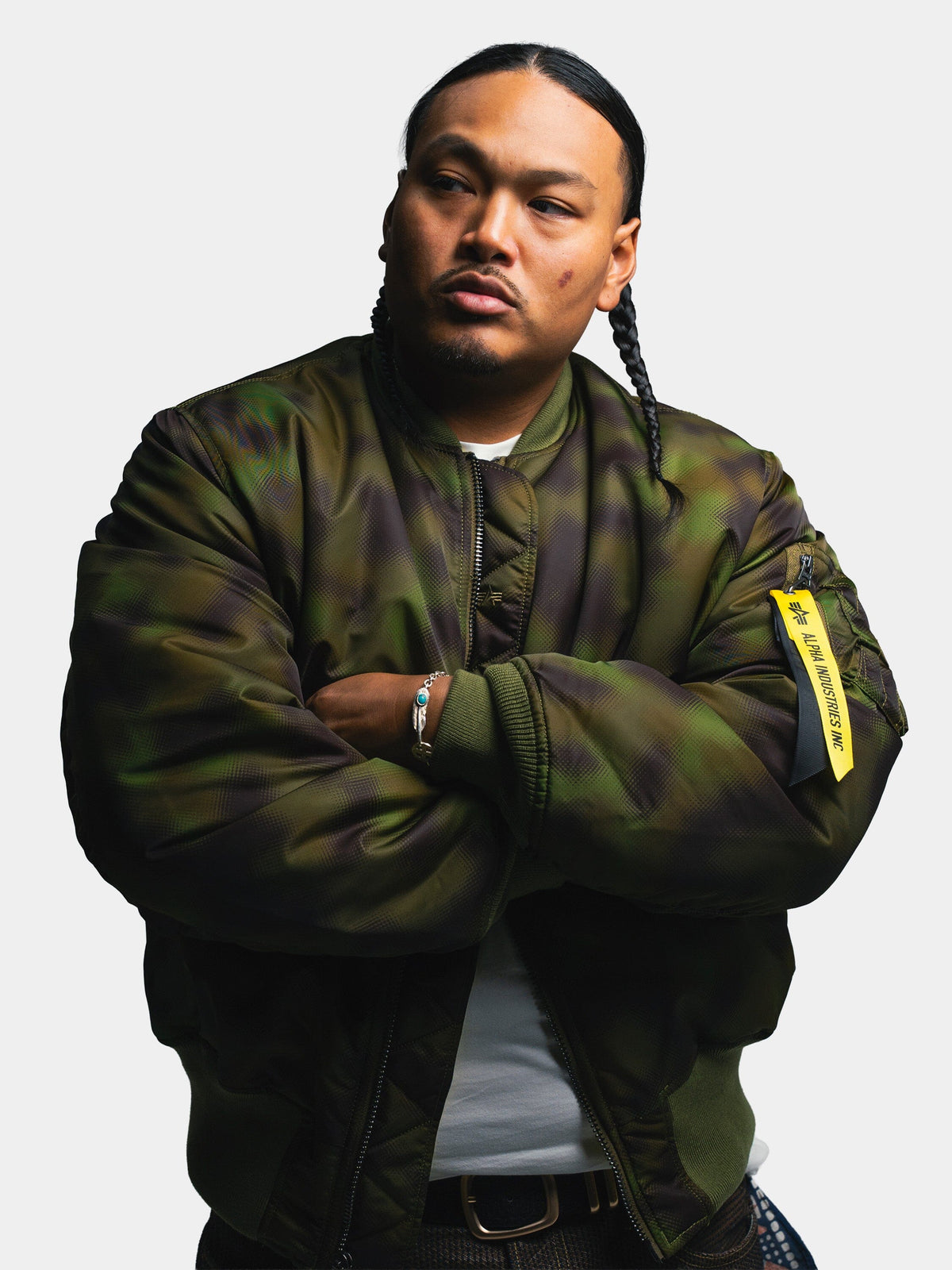 Brain Child x Alpha MA-1 Bomber Jacket - On body, close