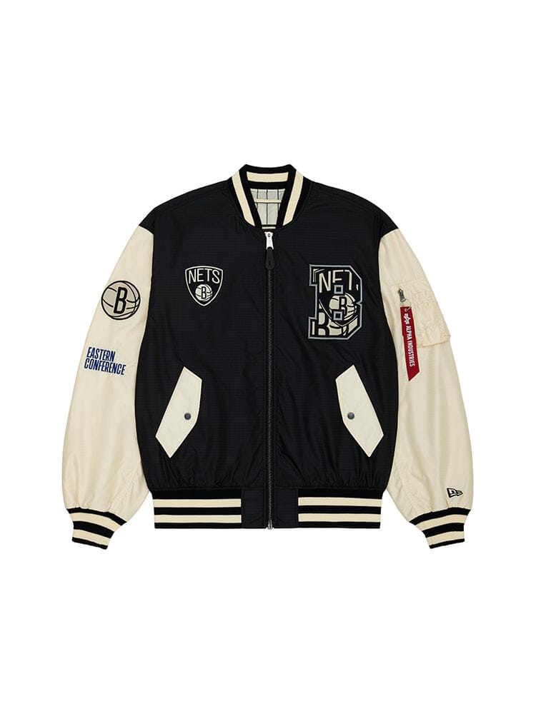 The Black Brooklyn Nets X Alpha Industries X New Era L-2B Bomber Jacket from Alpha Industries displays Nets logos, Eastern Conference text, and team patches. It comes with ribbed cuffs, collar, and hem, along with a visible front zipper and a sleeve pocket. The pinstripe interior enhances the varsity-inspired style of this piece.