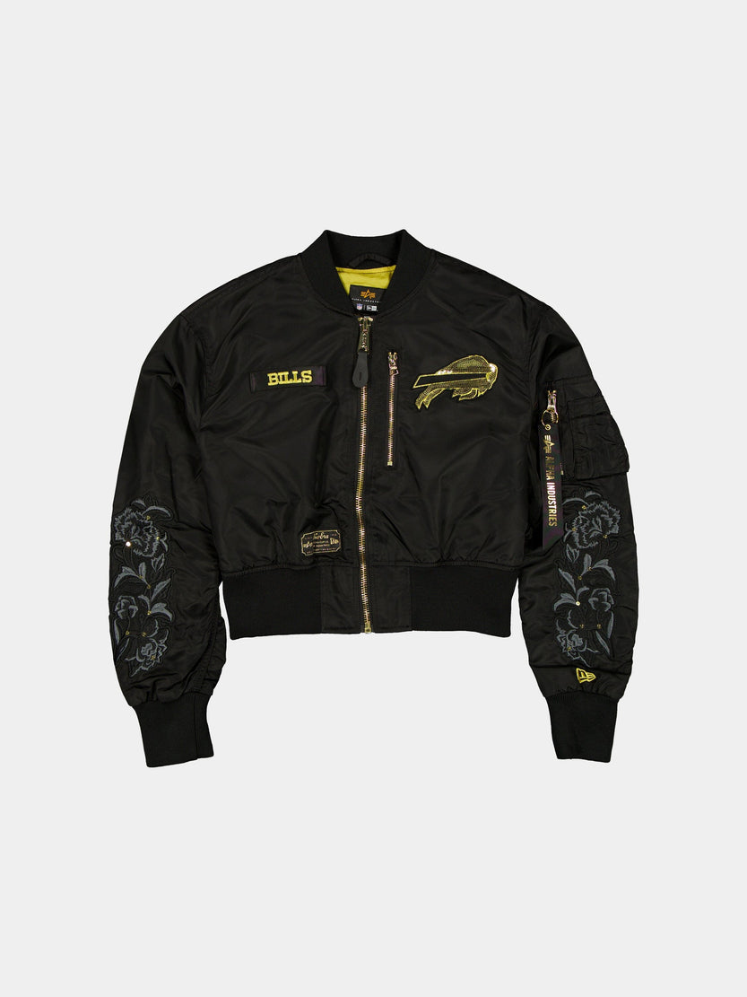 BUFFALO BILLS X ALPHA X NEW ERA L-2B CROPPED BOMBER JACKET WOMENS OUTERWEAR Alpha Industries BLACK/GOLD XS 