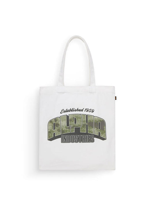 Alpha Industries Canvas Bag, khaki cotton tote with two handles, Alpha camo logo and Established 1959 Alpha Industries in green and gray lettering on front.