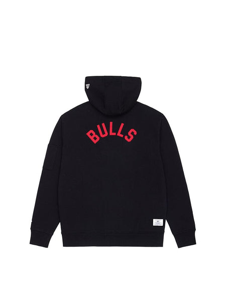 Introducing the Chicago Bulls X Alpha X New Era Hoodie by Alpha Industries, a black heavyweight fleece hoodie featuring the bold red "Bulls" text on the back. This piece includes a hood and long sleeves, capturing Alpha Industries' iconic style for a seamlessly cool appearance.