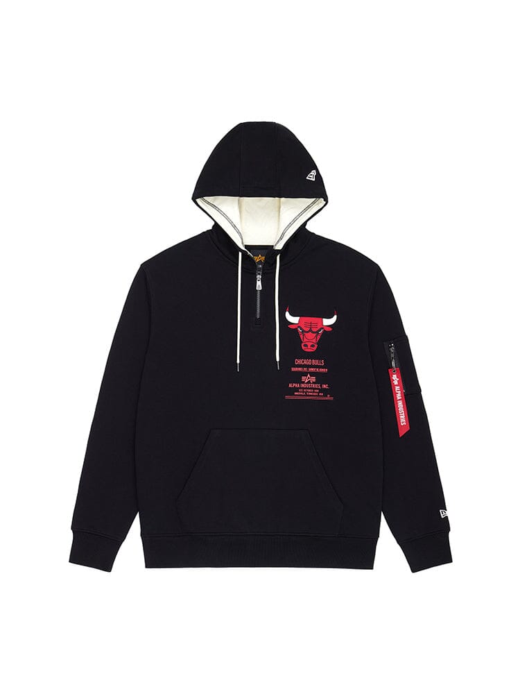 Discover the comfort of the Chicago Bulls X Alpha X New Era Hoodie by Alpha Industries, featuring a striking red Chicago Bulls logo. This black heavyweight fleece hoodie seamlessly combines style and functionality with its quarter zip design, convenient front pocket, and sleeve tag detail.