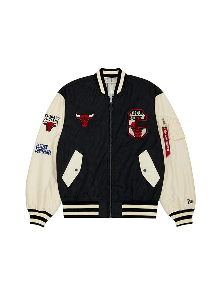The Chicago Bulls x Alpha x New Era L-2B Bomber Jacket by Alpha Industries is a standout piece with Chicago Bulls logos and Eastern Conference text, presented in black.