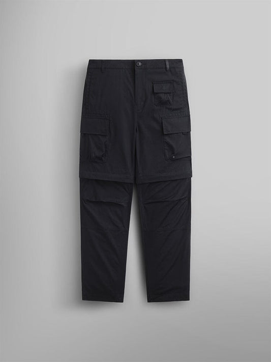 Alpha Industries Convertible Cargo Pant, Black, multiple utility flap pockets, overlapping skirt-like hip layer.