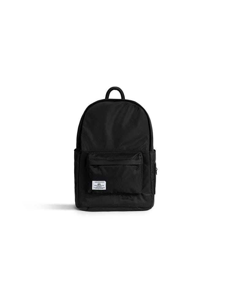 Alpha Industries Crew Backpack Gen II, Black, flight nylon, front zippered pocket, interior laptop sleeve, small white label.