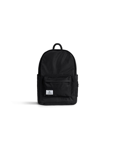Alpha Industries Crew Backpack Gen II, Black, flight nylon, front zippered pocket, interior laptop sleeve, small white label.