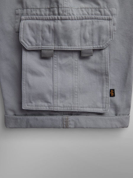 Alpha Industries Crew Short, gray cotton with cargo pocket, flap with two tabs, black and yellow side tag.