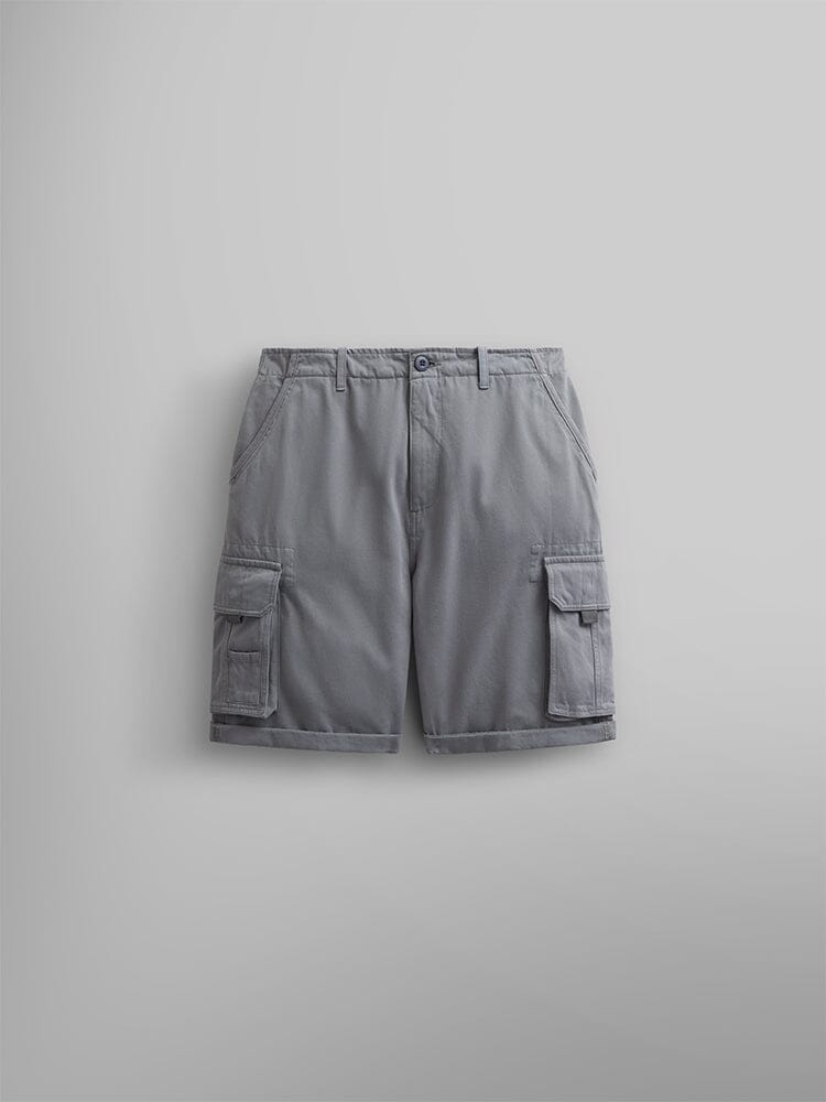 Alpha Industries Crew Short in Aircraft Gray, breathable cotton, front and flap cargo pockets, belt loops, button closure.