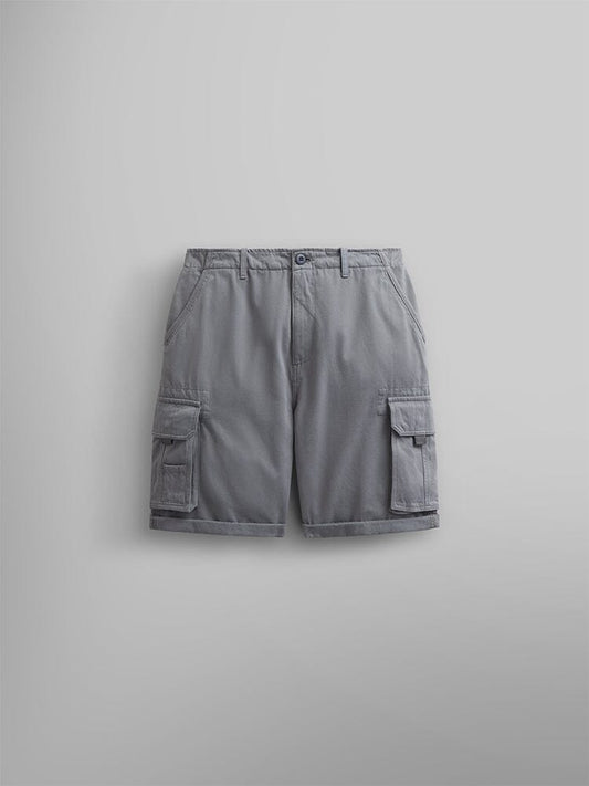 Alpha Industries Crew Short in Aircraft Gray, breathable cotton, front and flap cargo pockets, belt loops, button closure.