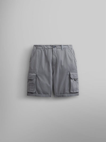 Alpha Industries Crew Short in Aircraft Gray, breathable cotton, front and flap cargo pockets, belt loops, button closure.