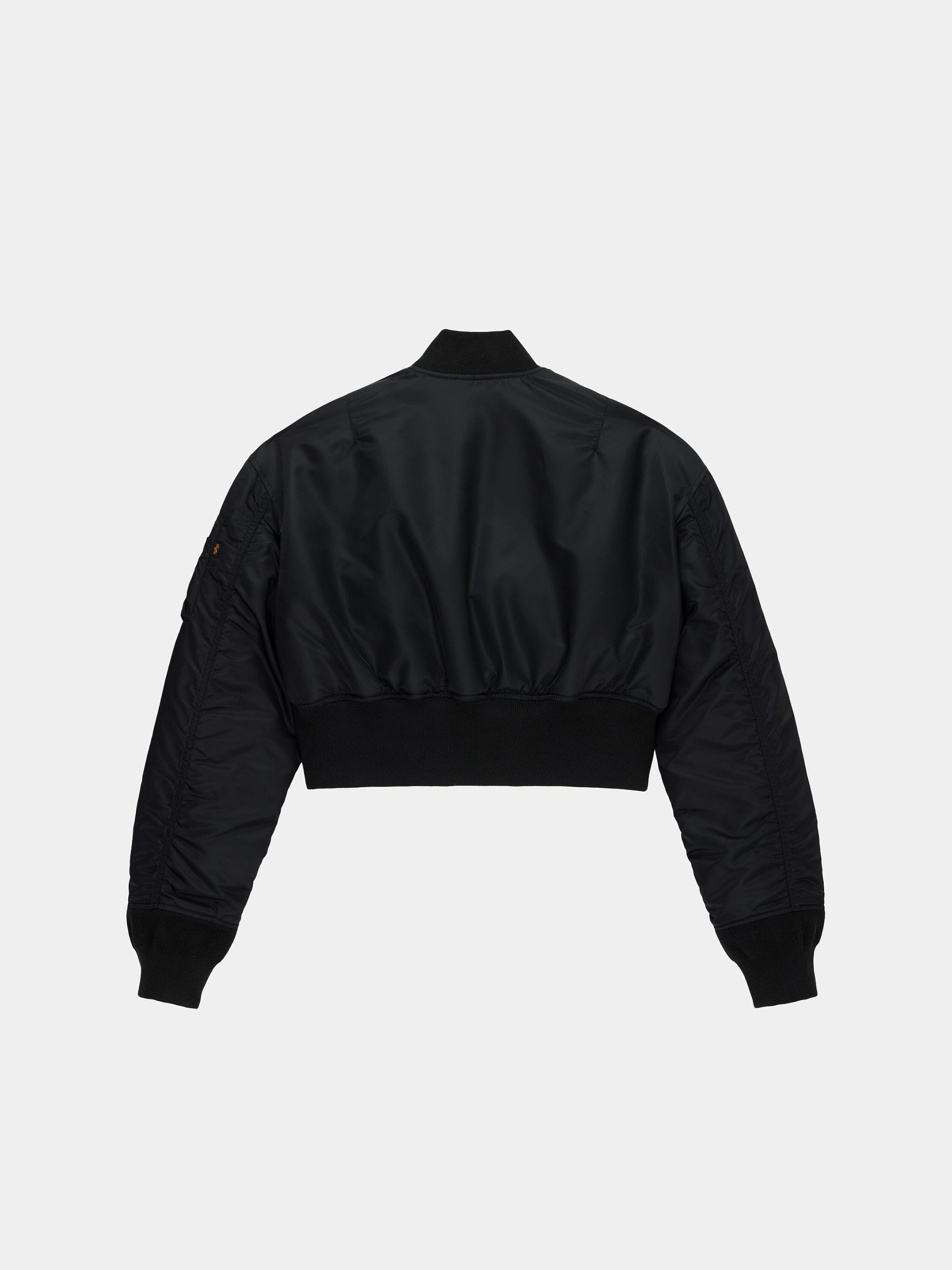 Alpha Industries Cropped MA-1 Flight Jacket Womens, ribbed cuffs, collar, waistband, water-resistant, plain design, long sleeves.