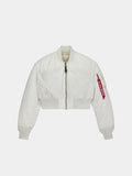 Alpha Industries Cropped MA-1 Flight Jacket Womens in Dune White with front zip, ribbed cuffs and hem, sleeve pocket with red tag.