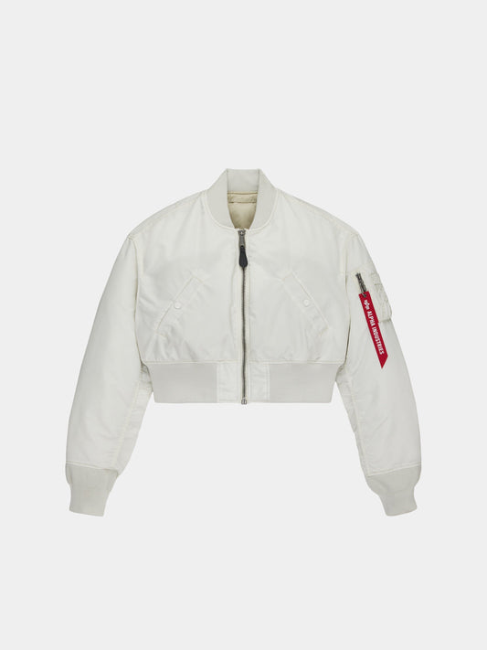 Alpha Industries Cropped MA-1 Flight Jacket Womens in Dune White with front zip, ribbed cuffs and hem, sleeve pocket with red tag.