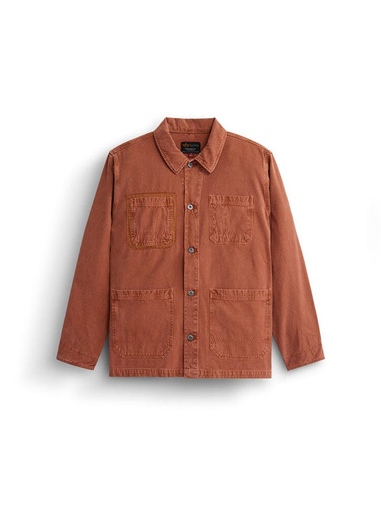 Alpha Industries Ctn Chore Coat in Muted Saffron, garment washed cotton, collar, button front, three front pockets with nylon details.