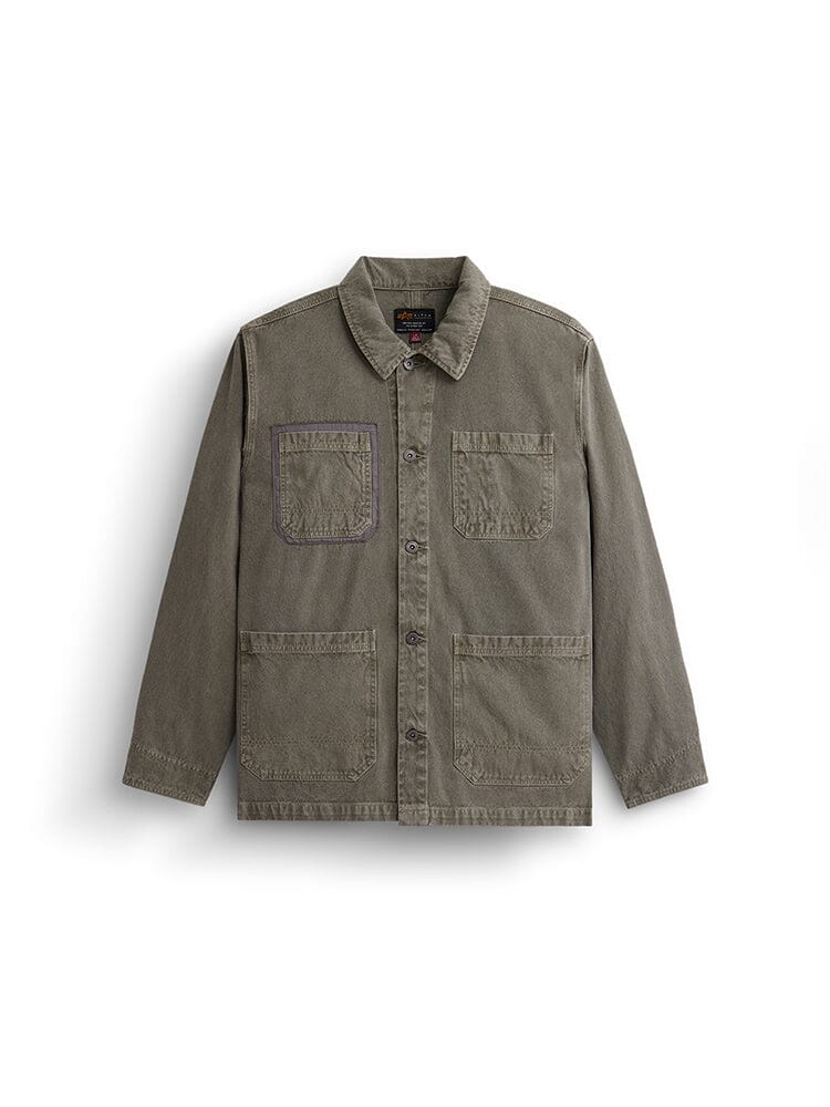 Alpha Industries Ctn Chore Coat, OG-107 Green, garment washed cotton, four front patch pockets, button closure, pointed collar.