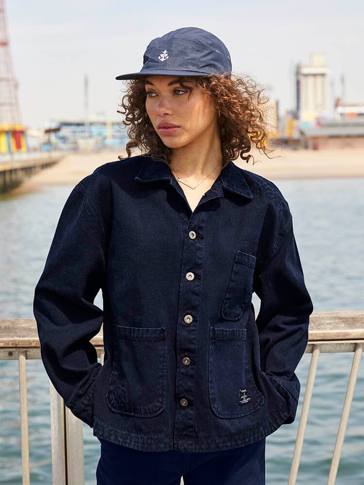 Alpha Industries Womens Canvas Chore Coat, classic button-down, blue canvas, button closures.