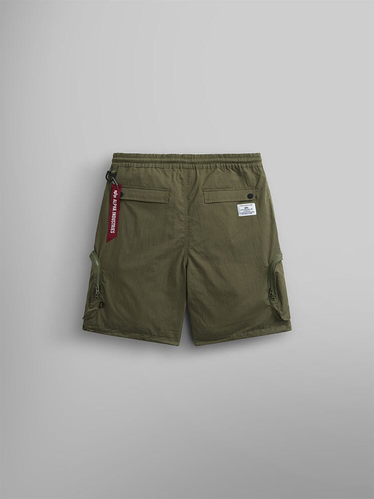 Alpha Industries CWU 36/P Pull On Short, olive green, elastic waist, side cargo pockets, back pockets, red key tag.