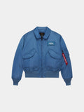 Alpha Industries Cwu 45/P Bomber Jacket in Elemental Blue with front flap pockets, zippered closure, left chest patch, red sleeve tag.