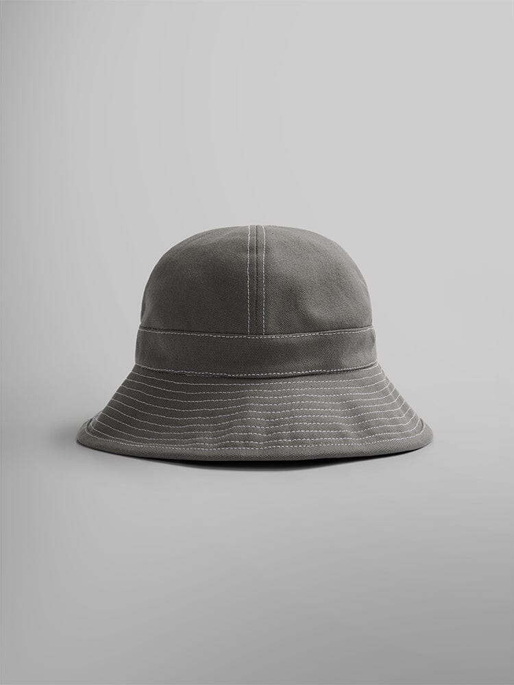Alpha Industries Canvas Daisy Mae MA-1 Bucket Hat, grey-green canvas with white stitching.