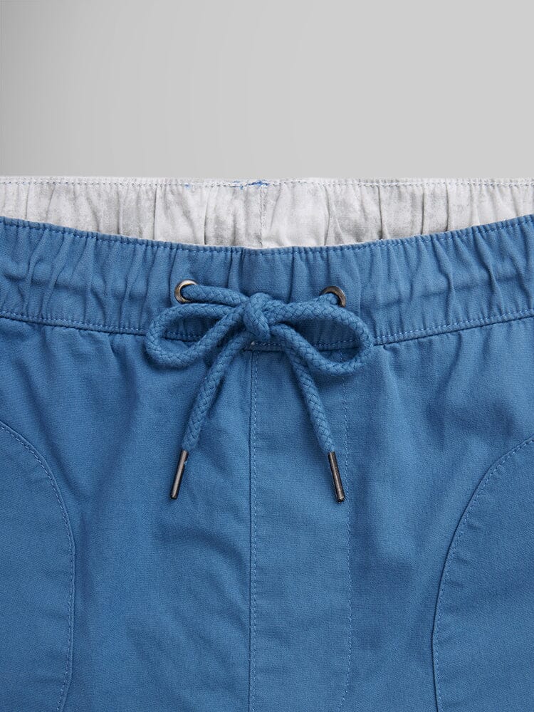 Alpha Industries Deck Shorts, blue breathable fabric, metal-tipped cords, front stitching.