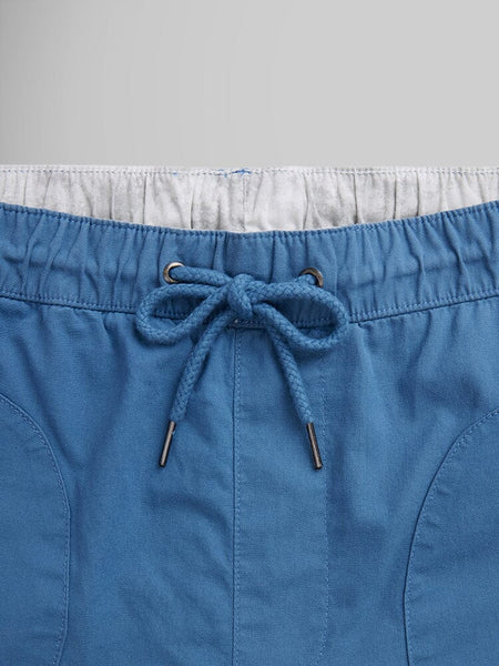 Alpha Industries Deck Shorts, blue breathable fabric, metal-tipped cords, front stitching.