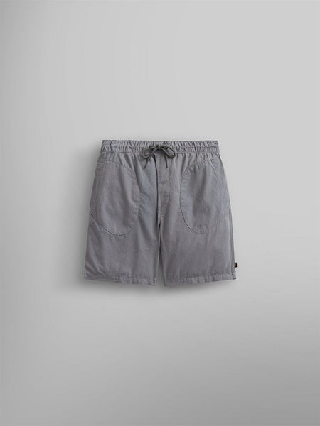 Alpha Industries Deck Shorts in Aircraft Gray with elastic waistband, drawstring tie, and two large front pockets.