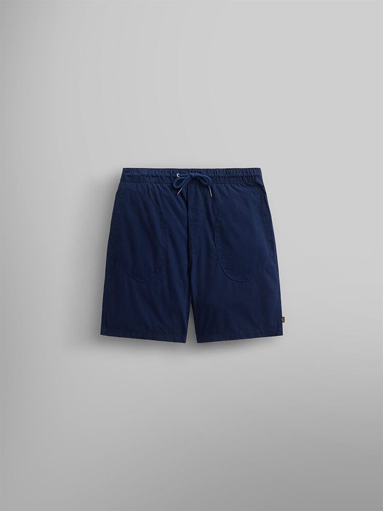Alpha Industries Deck Shorts in Replica Blue with elastic waistband and two front pockets.