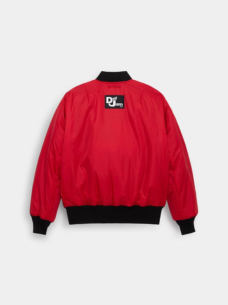 Alpha Industries MA-1 Red Bomber Jacket With Black Collar, Cuffs, Waistband, And Def Jam Logo Patch On Upper Back.