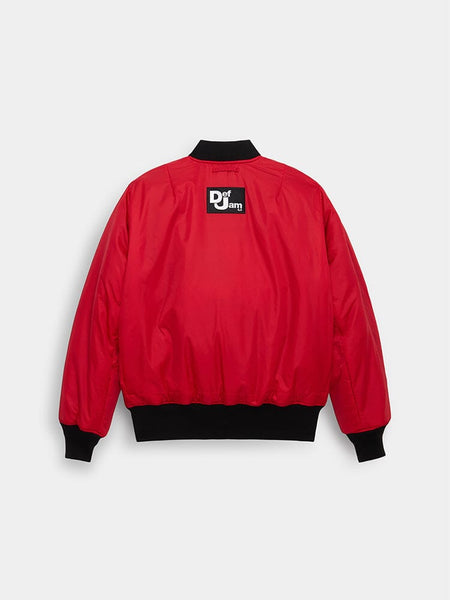 Alpha Industries MA-1 Red Bomber Jacket With Black Collar, Cuffs, Waistband, And Def Jam Logo Patch On Upper Back.