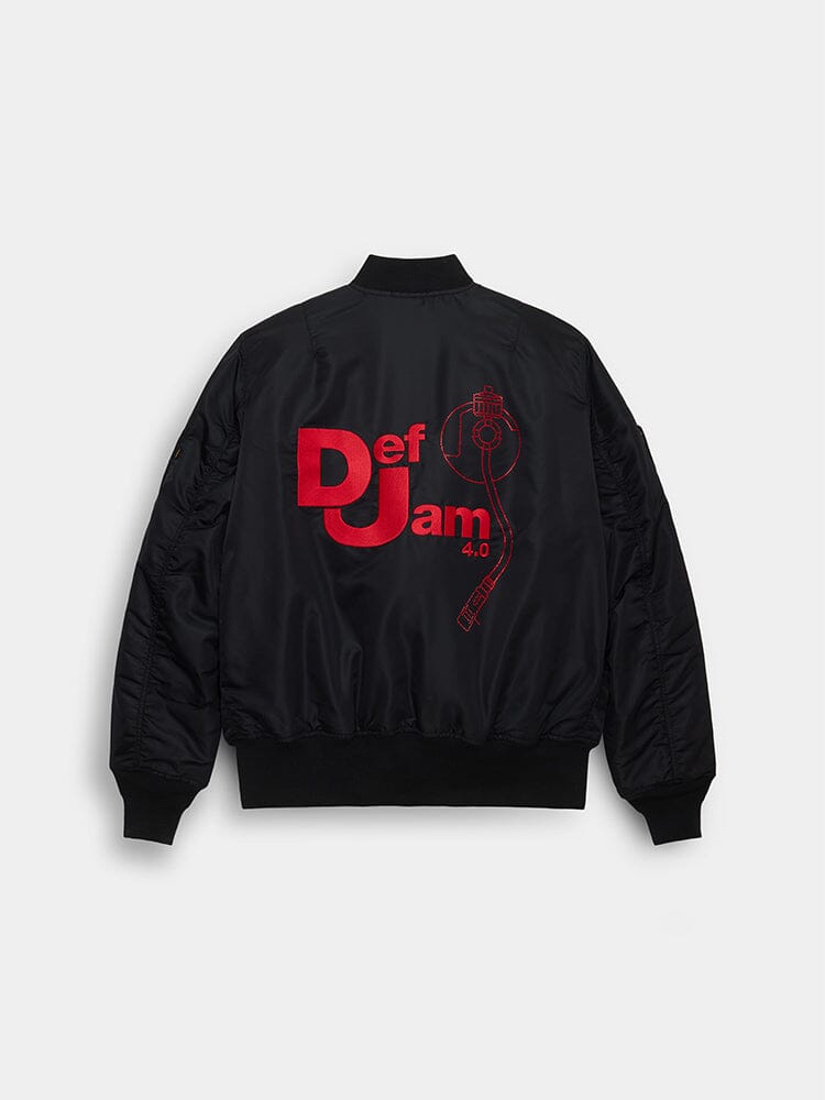 Alpha Industries MA-1 Black Bomber Jacket With Red Turntable Embroidery And “Def Jam 4.0” On Back.