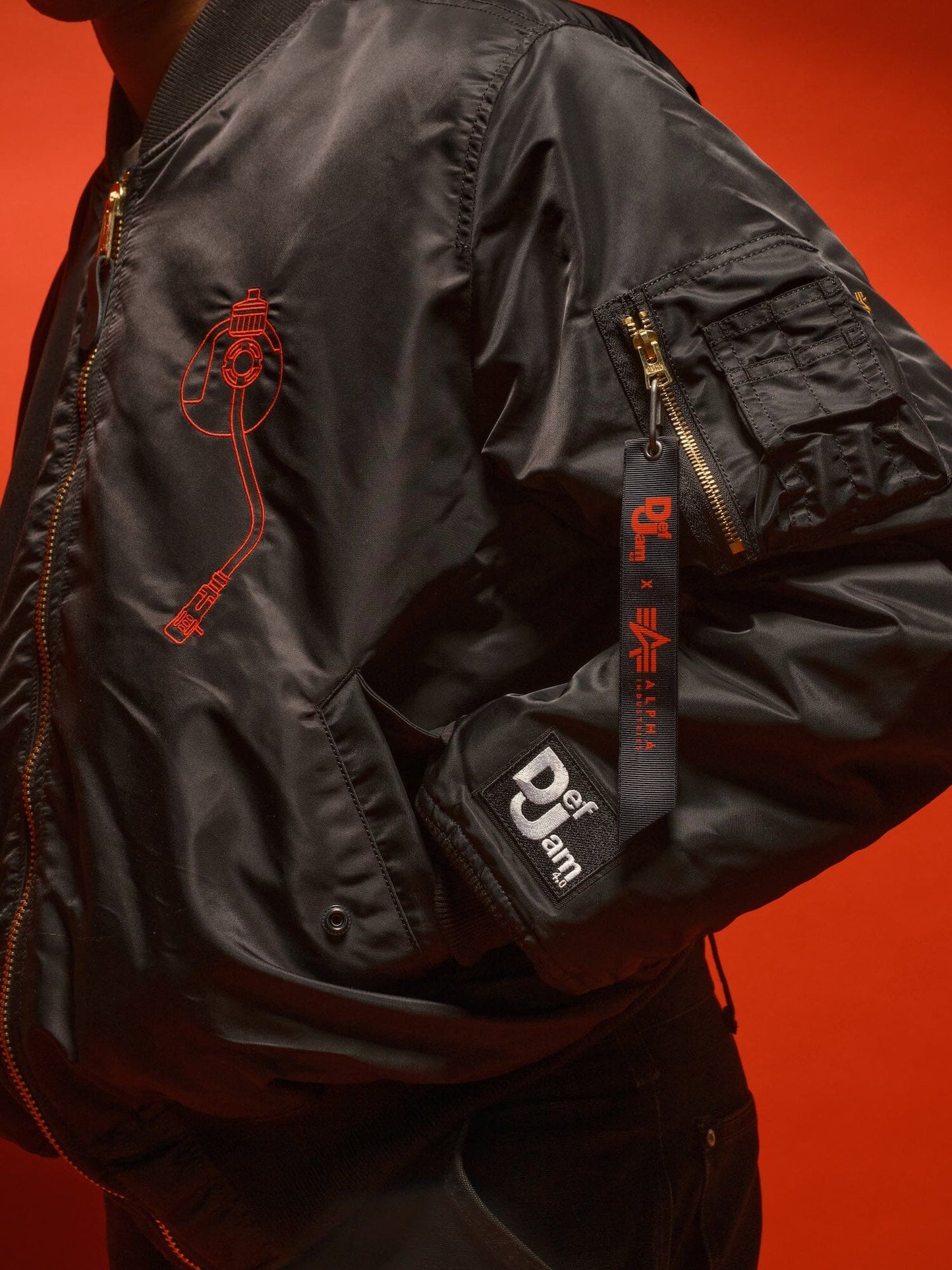 Alpha Industries MA-1 Bomber Jacket, Red and White DJ AM Embroidery, Def Jam Patches.