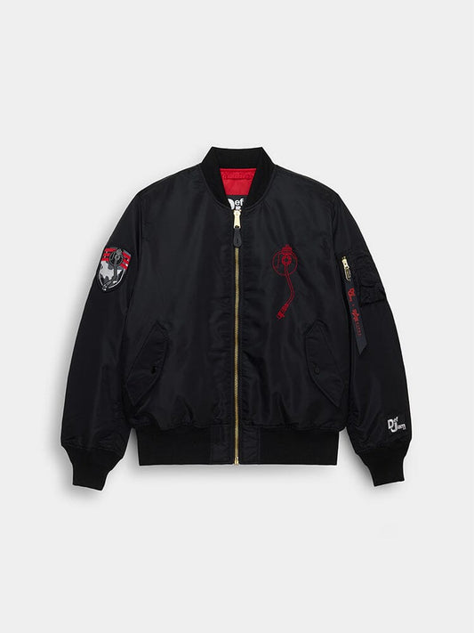 Alpha Industries MA-1 Black/Red Bomber Jacket with Front Zipper, Two Side Pockets, Red Embroidered Chest and Sleeve Designs, Def Jam Patch on Upper Left Arm.