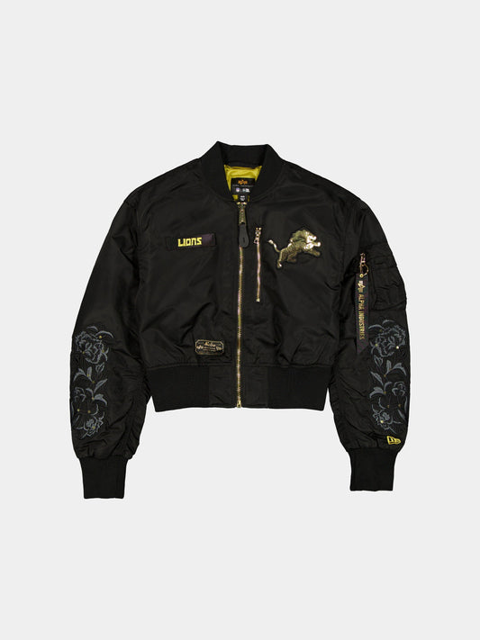 DETROIT LIONS X ALPHA X NEW ERA L-2B CROPPED BOMBER JACKET WOMENS OUTERWEAR Alpha Industries BLACK/GOLD XS 