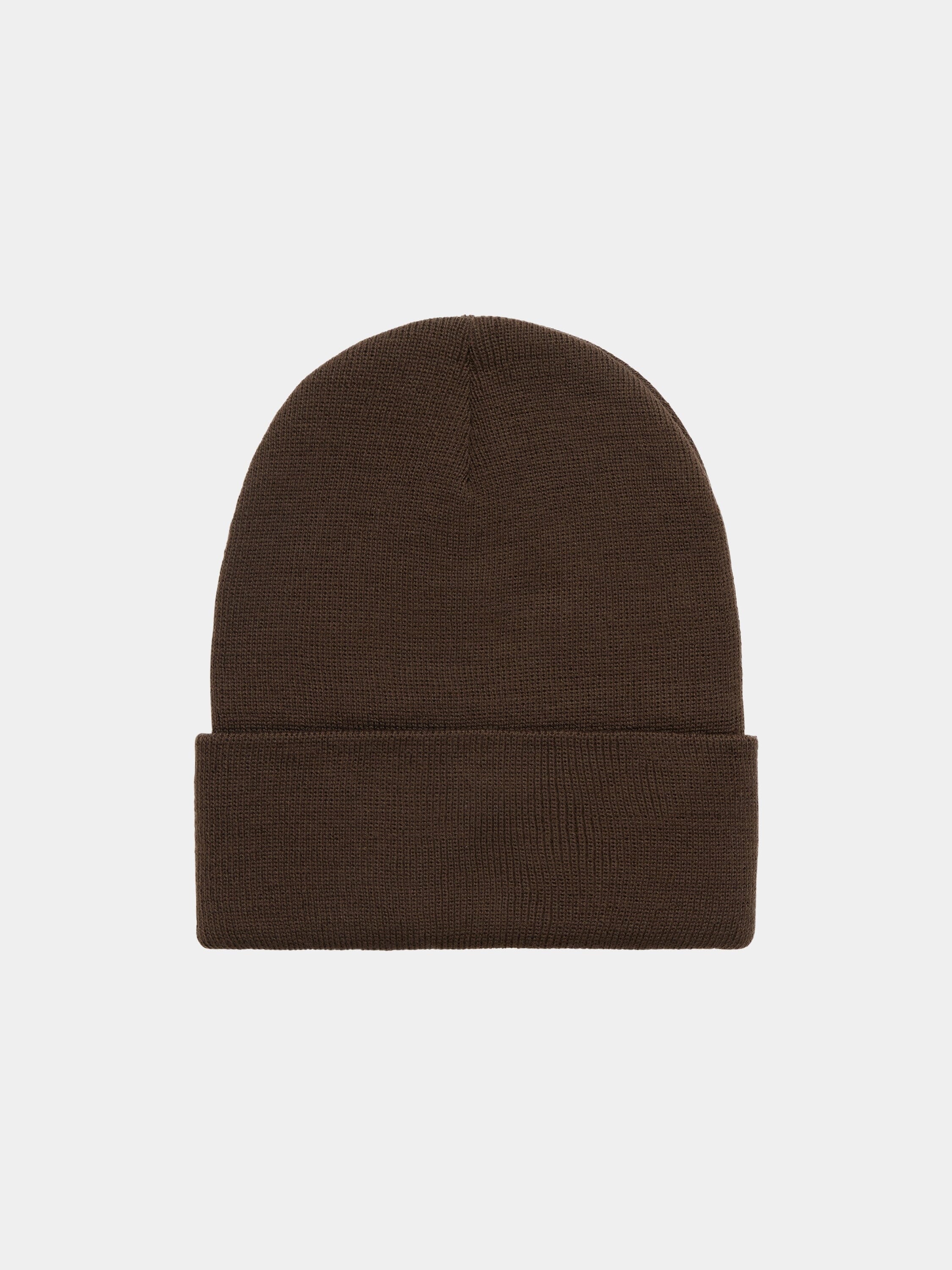 Essential Beanie by Alpha Industries, dark brown knit hat with folded brim and Alpha paper label.