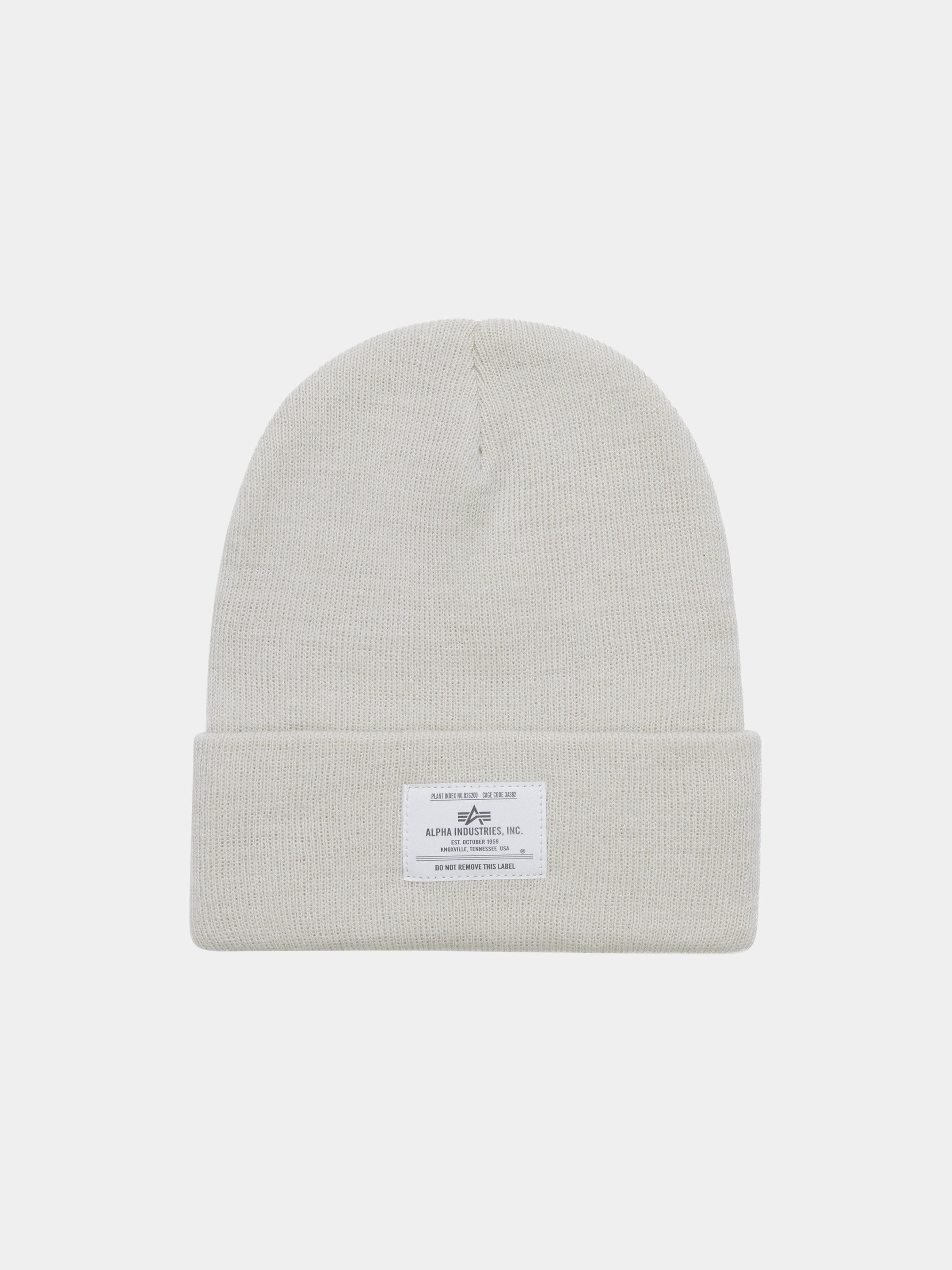 Essential Beanie by Alpha Industries in Dune White with fold-over cuff and rectangular white Alpha label with text and graphic.