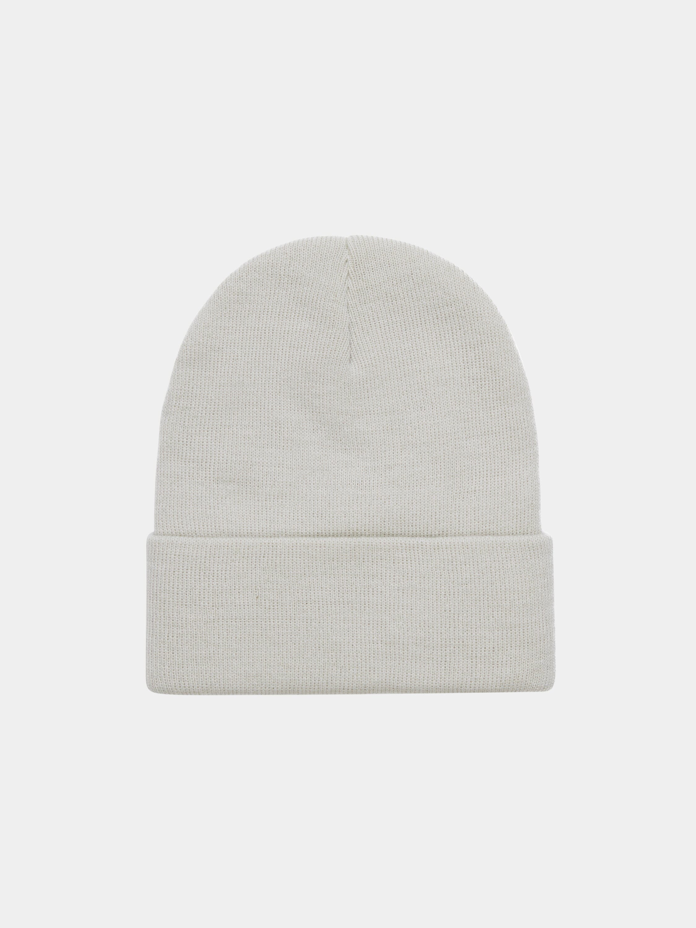 Alpha Industries Essential Beanie, light gray knit with folded brim and small Alpha Industries paper label.