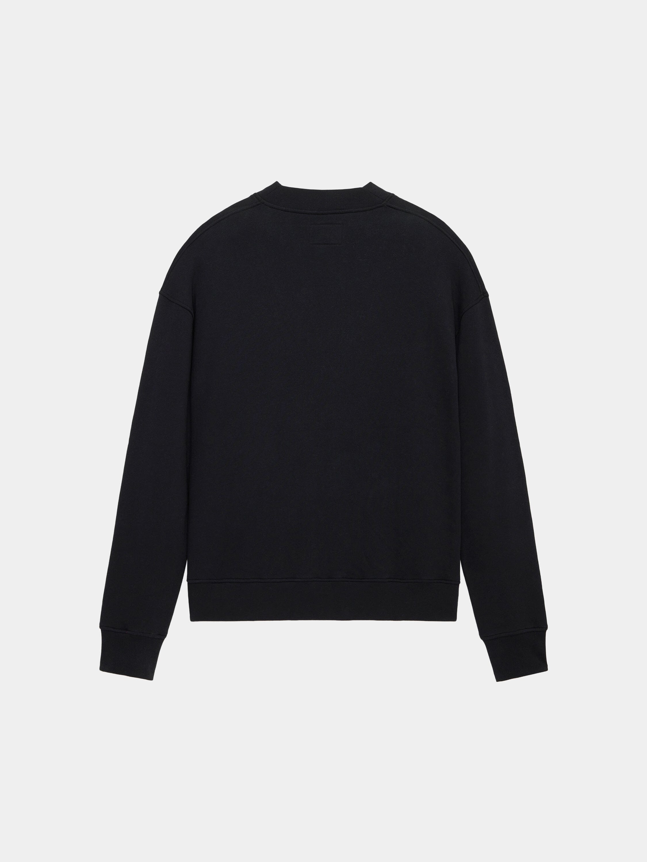 Alpha Industries Essential Cardigan, plain black long-sleeve crewneck in cotton-poly blend, viewed from the back.