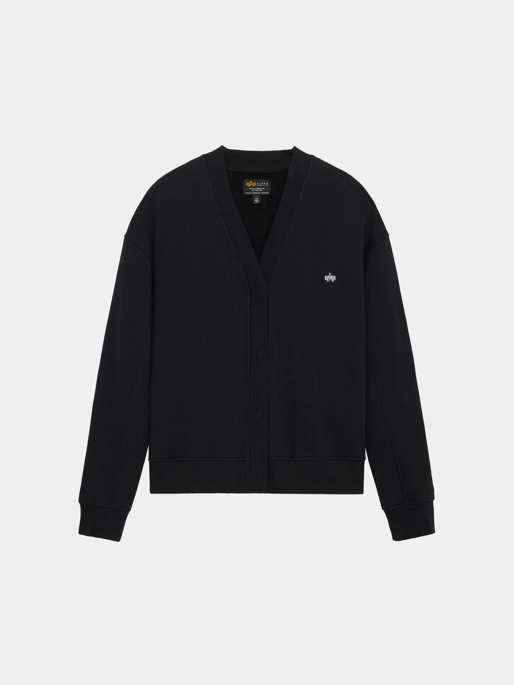 Alpha Industries Essential Cardigan, black V-neck with long sleeves, cotton-poly blend, small embroidered logo on left chest.