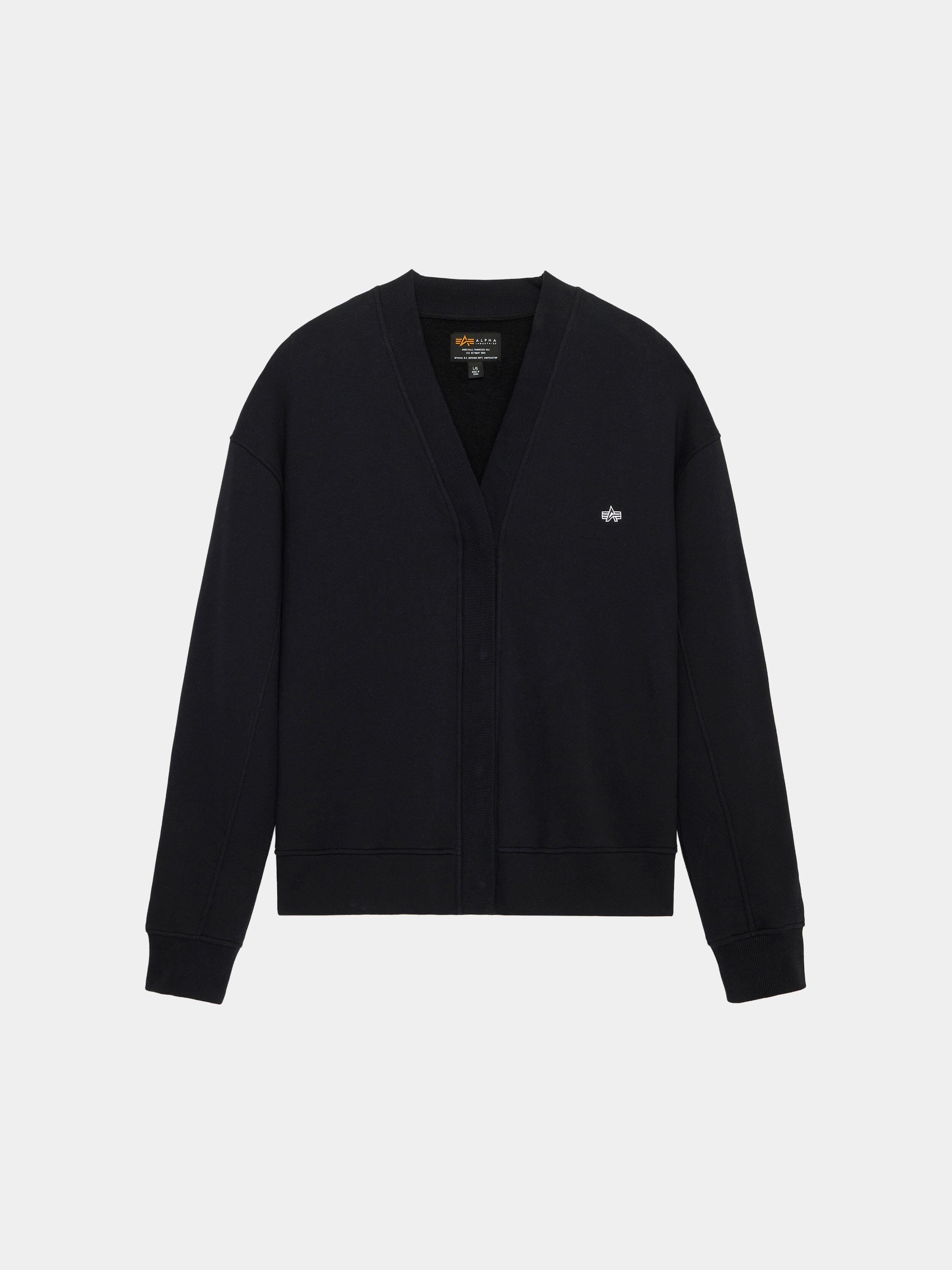 Alpha Industries Essential Cardigan, black V-neck with long sleeves, cotton-poly blend, small embroidered logo on left chest.