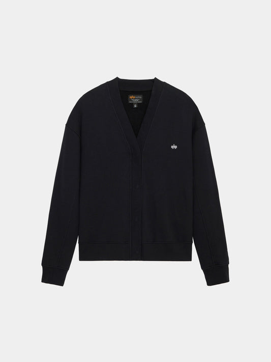 Alpha Industries Essential Cardigan, black V-neck with long sleeves, cotton-poly blend, small embroidered logo on left chest.